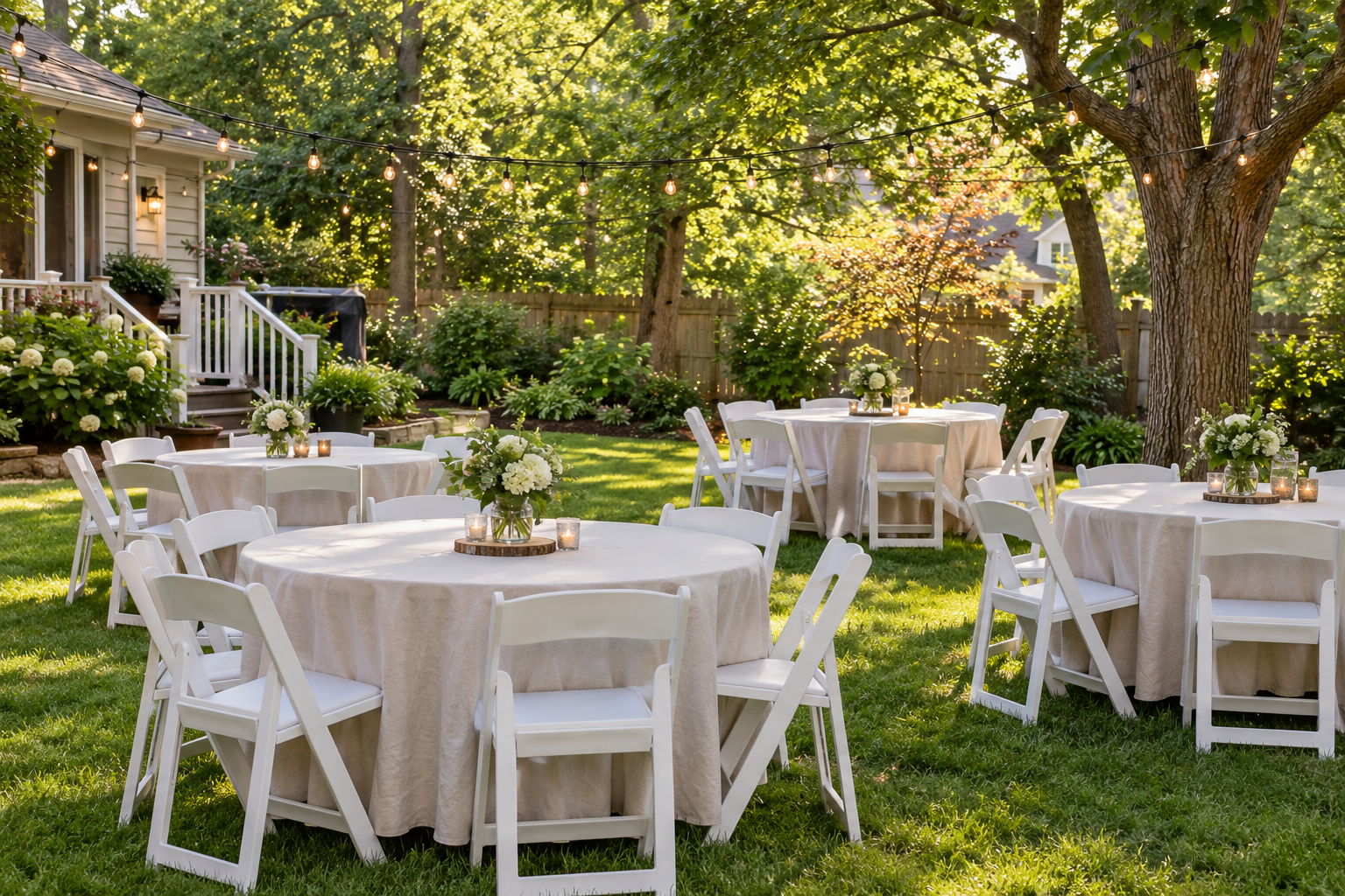 Illustrative backyard event setting with white folding chairs and round tables